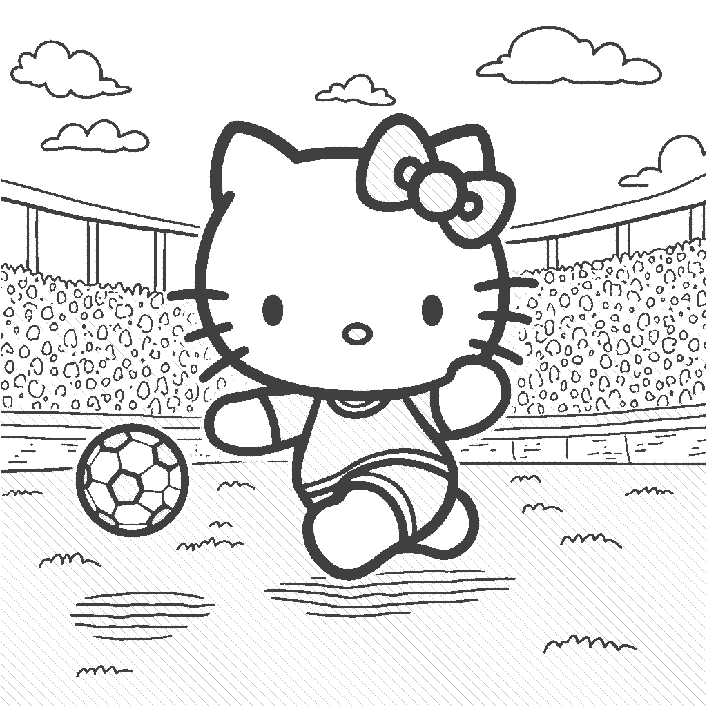 Coloring Page: Hello Kitty at the Football Field - Show Hello Kitty enthusiastically playing football, dressed in a cool jersey and holding a vibrant football, with a cheering crowd and festive decorations around.
