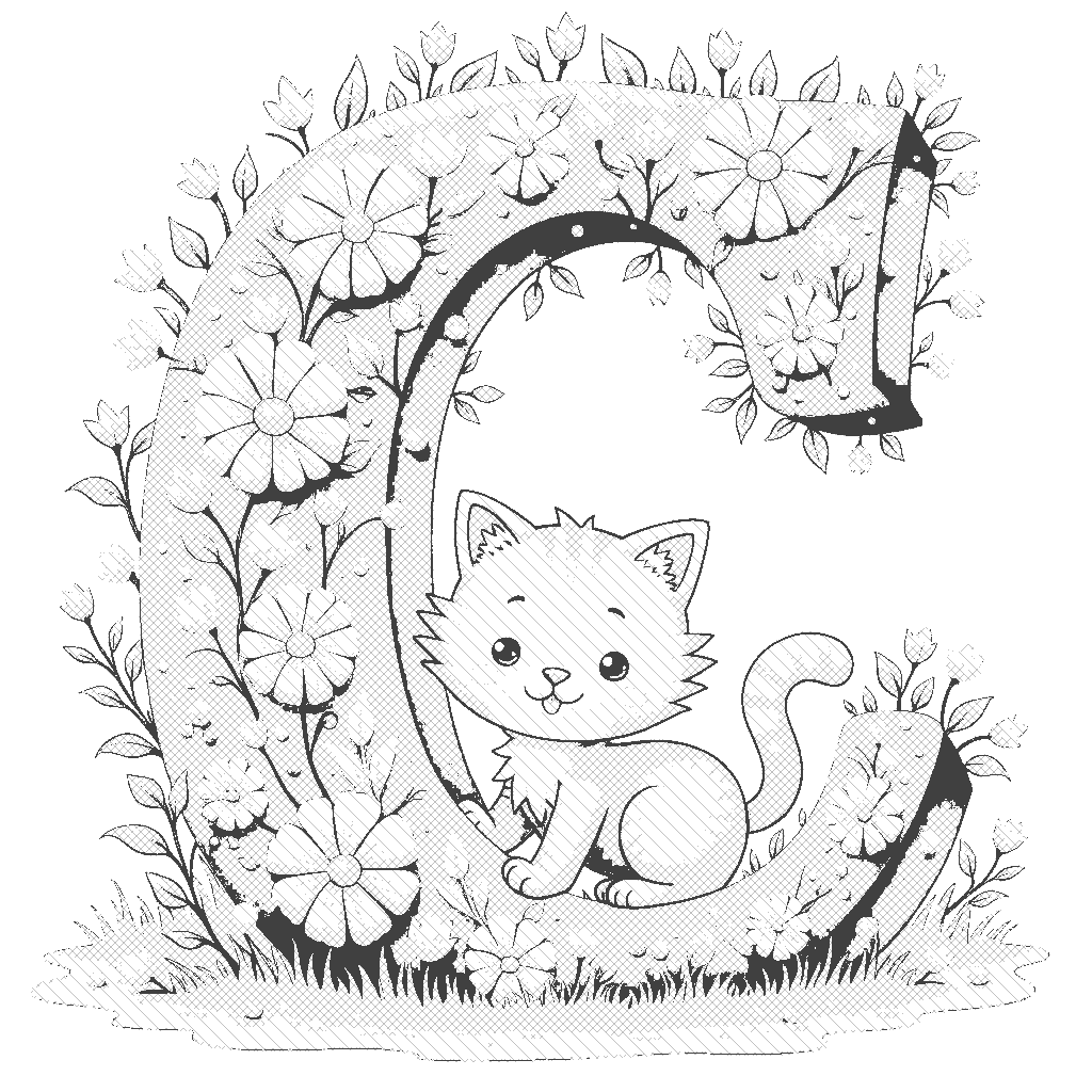 Coloring Page: C is for Cat - A charming letter 'C' curls around a cute orange cat, who is playfully waiting to pounce.
