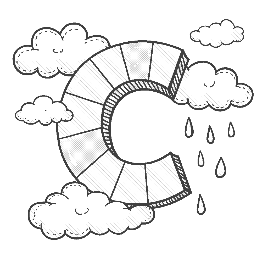 Coloring Page: C is for Cloud - The letter C floating in the sky with a fluffy white cloud beside it, with raindrops gently falling from the cloud.