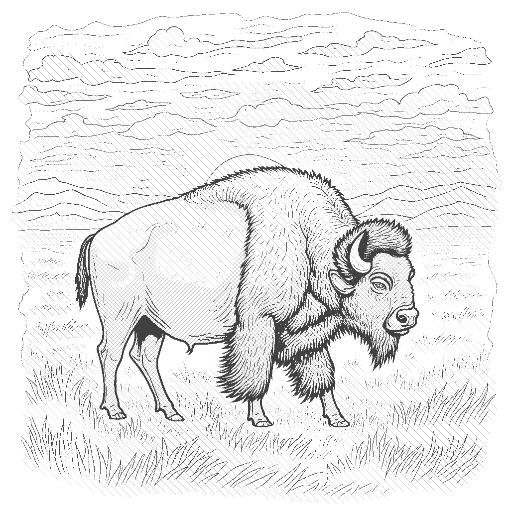 Coloring Page: Bison Migration - A bison wandering across a vast prairie during a migration, with a sunset painting the sky in vibrant colors.