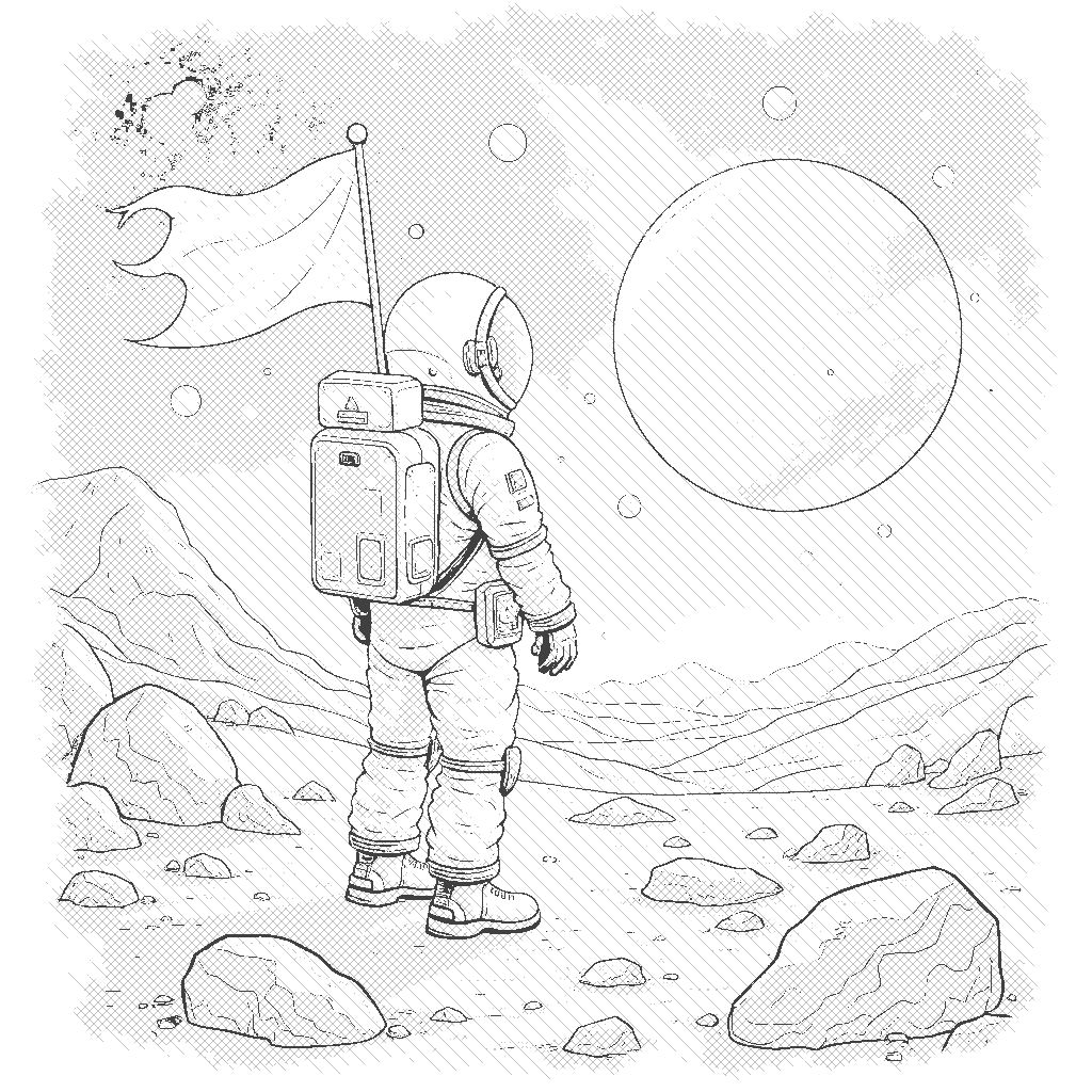 Coloring Page: Planetary Discovery - An astronaut stands on the surface of a newly discovered planet, gazing up at a vibrant nebula while holding a flag to claim the planet for Earth.