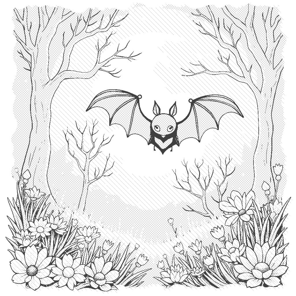 Coloring Page: Bat Flying over a Moonlit Forest - A bat flies gracefully over a moonlit forest, with trees silhouetted against the glowing moon and twinkling stars in the sky.