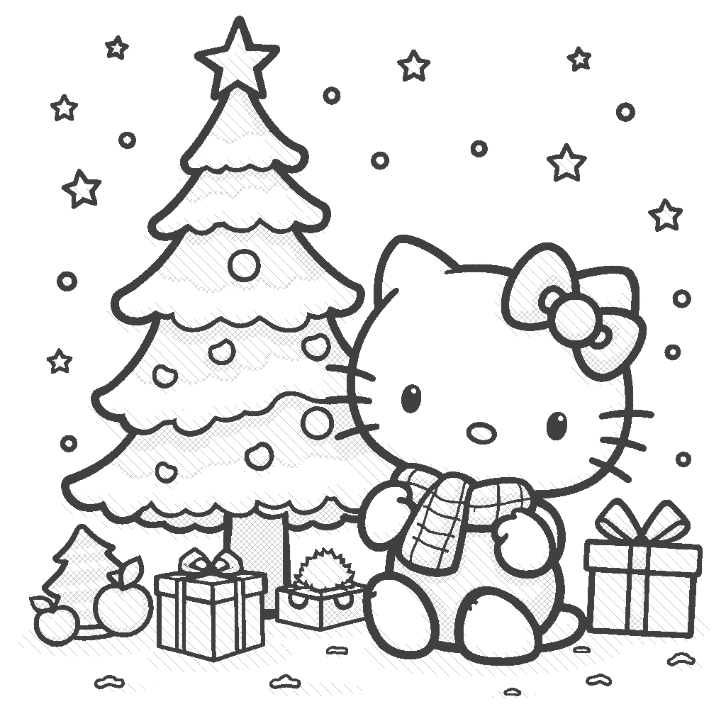 Coloring Page: Hello Kitty Decorating a Christmas Tree - Hello Kitty decorating a large snowy Christmas tree, glimmering with colorful ornaments and sparkling lights, with her friends helping in the background.