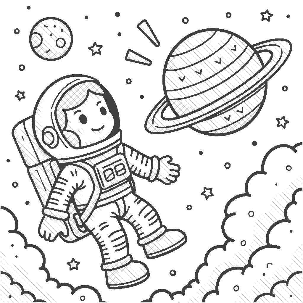 Coloring Page: Astronaut and the Planet - An astronaut floats in space, looking at a colorful planet with rings. The planet has a friendly face and is winking at the astronaut.
