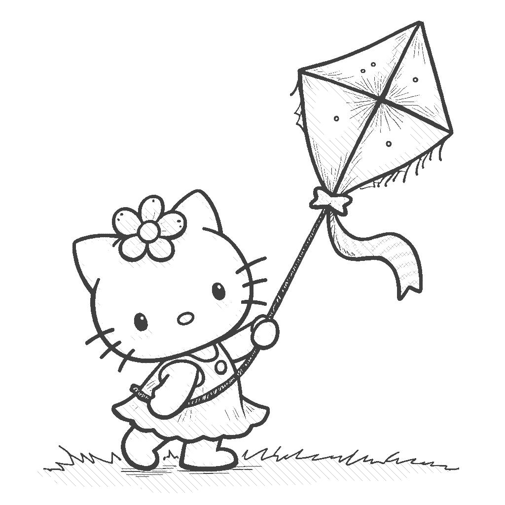 Coloring Page: Hello Kitty Flying a Kite - Show Hello Kitty joyfully flying a large, colorful kite in a bright blue sky with fluffy clouds, enjoying the gentle breeze on a sunny day.