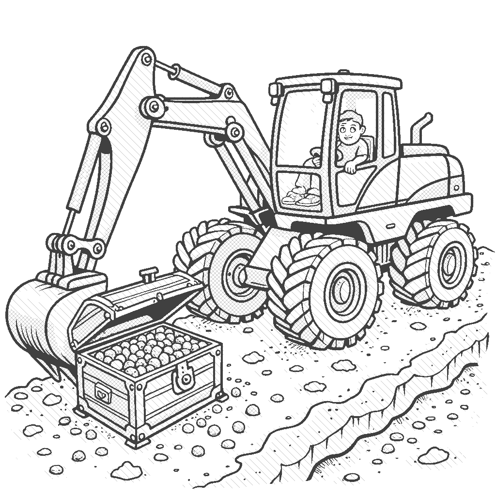 Coloring Page: Digging for Treasure - An adventurous excavator discovers a colorful treasure chest while digging, with a curious bulldozer peeking over the mound of dirt to see what's inside.