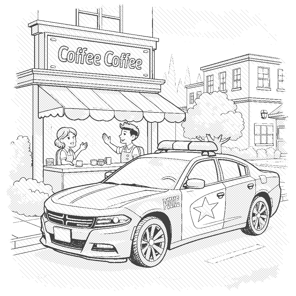 Coloring Page: Emergency Response - Show a police car with flashing lights parked in front of a coffee shop, while a friendly barista waves to the officer inside as they enjoy their morning coffee break.