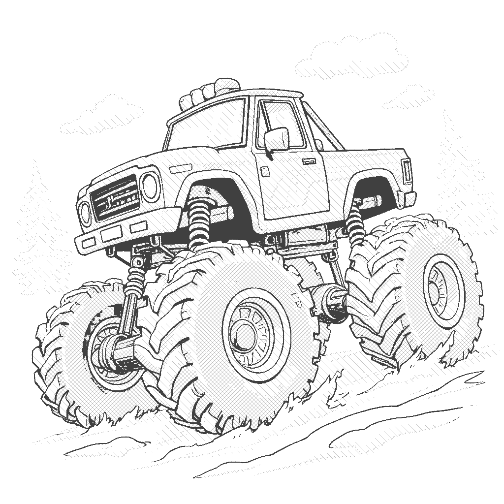 Coloring Page: Winter Rally - A purple monster truck splashing through snowy hills with sparkling snowflakes and a clear blue sky.