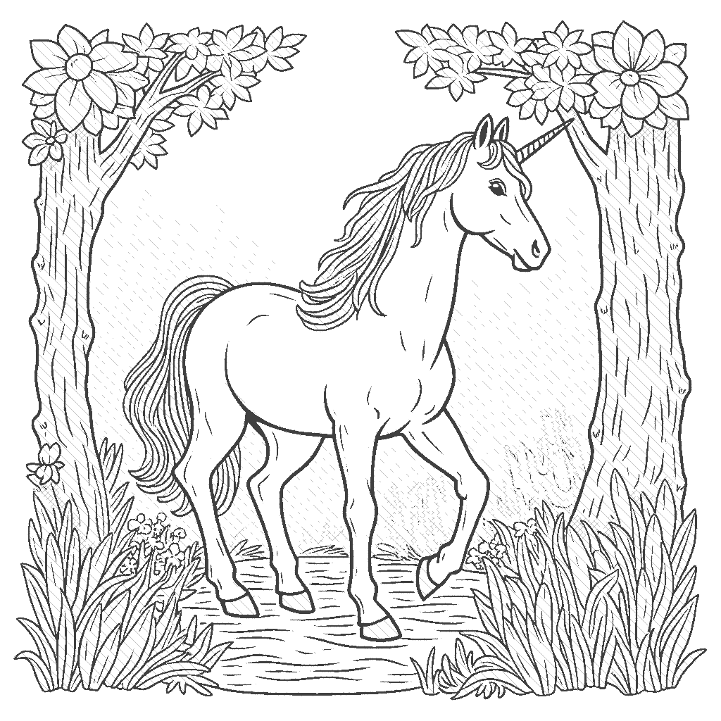 Coloring Page: Unicorn and the Enchanted Forest - A unicorn wandering through an enchanted forest with luminescent flowers and trees that look like they are made of candy.