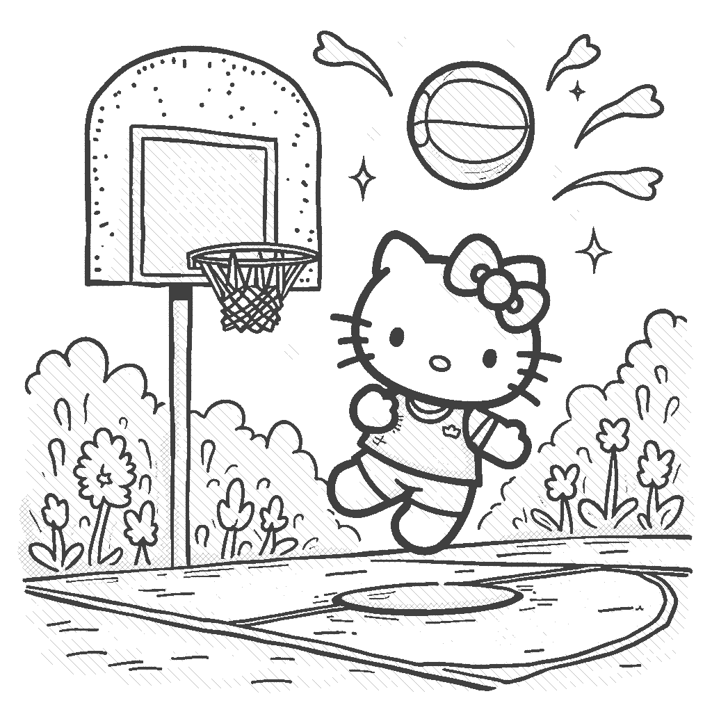 Coloring Page: Hello Kitty at the Basketball Court - Depict Hello Kitty shooting hoops on an exciting basketball court, dressed in a turquoise jersey, surrounded by cheering friends, with a bright orange basketball and colorful banners in the background.