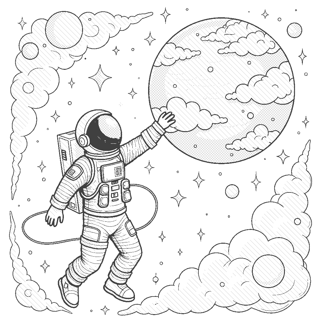 Coloring Page: Astronaut and the Blue Planet - An astronaut floating in space, reaching out to touch a vibrant blue planet that has swirling clouds. Stars twinkle in the background, creating a universe of wonder.