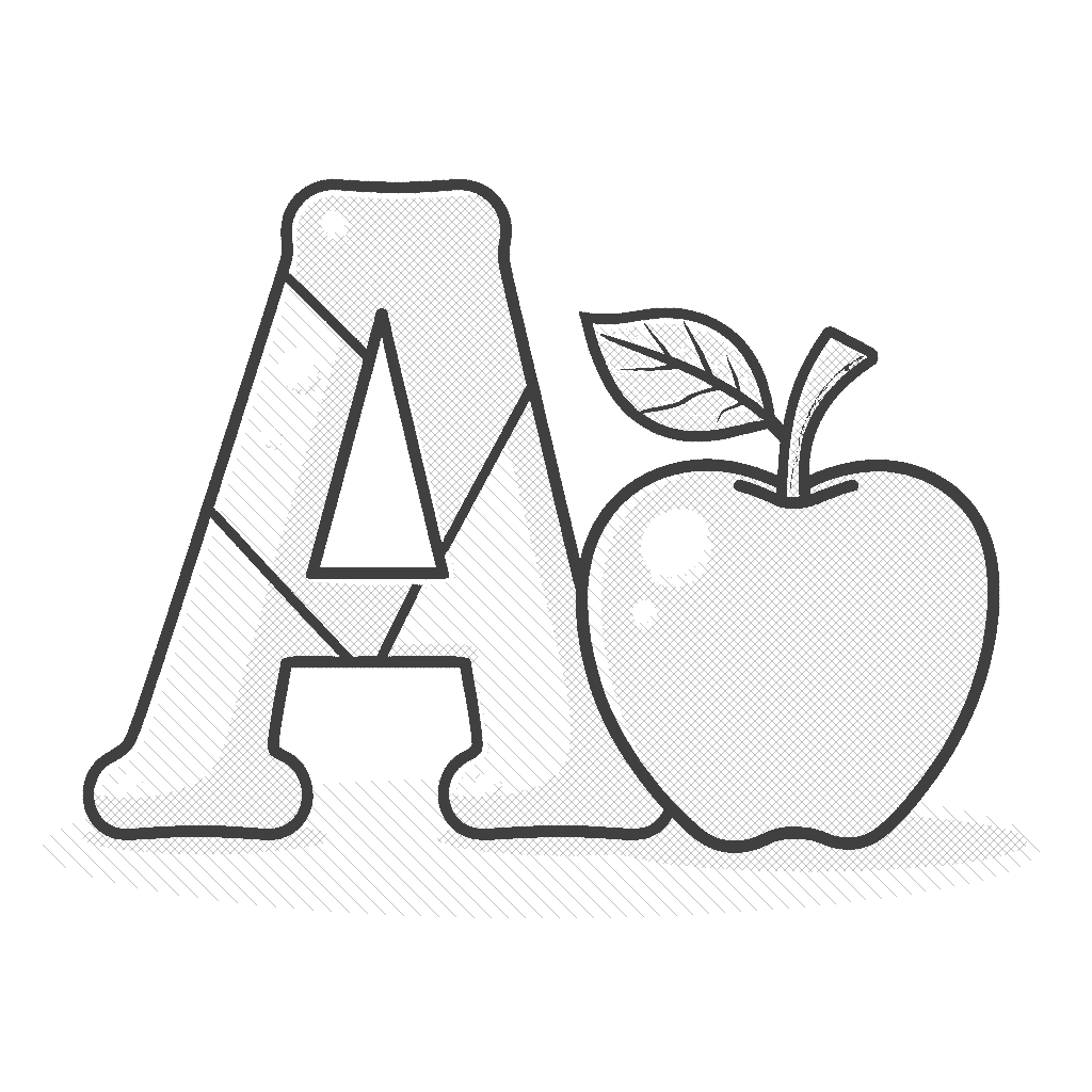 Coloring Page: A is for Apple - An uppercase letter 'A' stands tall beside a shiny red apple. Leafy green branch accents the scene.
