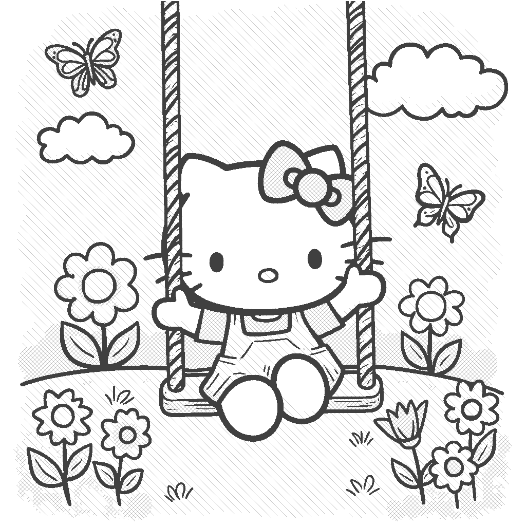 Coloring Page: Hello Kitty at the Swing - Illustrate Hello Kitty having fun swinging on a bright, colorful swing set in the playground. Around her, there are cheerful flowers and a blue sky with fluffy white clouds. Include a few butterflies fluttering about for added charm.