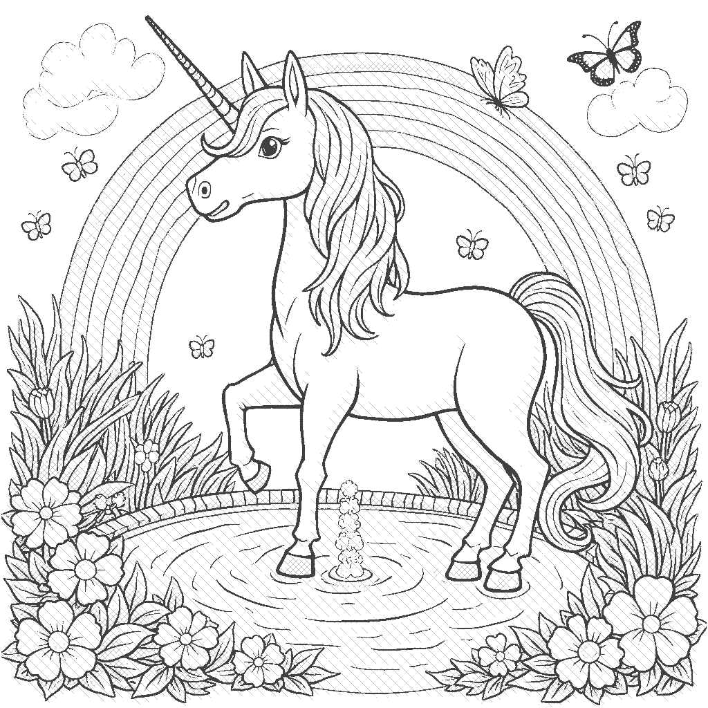 Coloring Page: Unicorn and the Rainbow Fountain - A serene scene showcasing a unicorn standing gracefully beside a sparkling rainbow fountain in a vibrant garden. Butterflies flutter around, and the unicorn's mane flows like a waterfall, with flowers blooming all around.