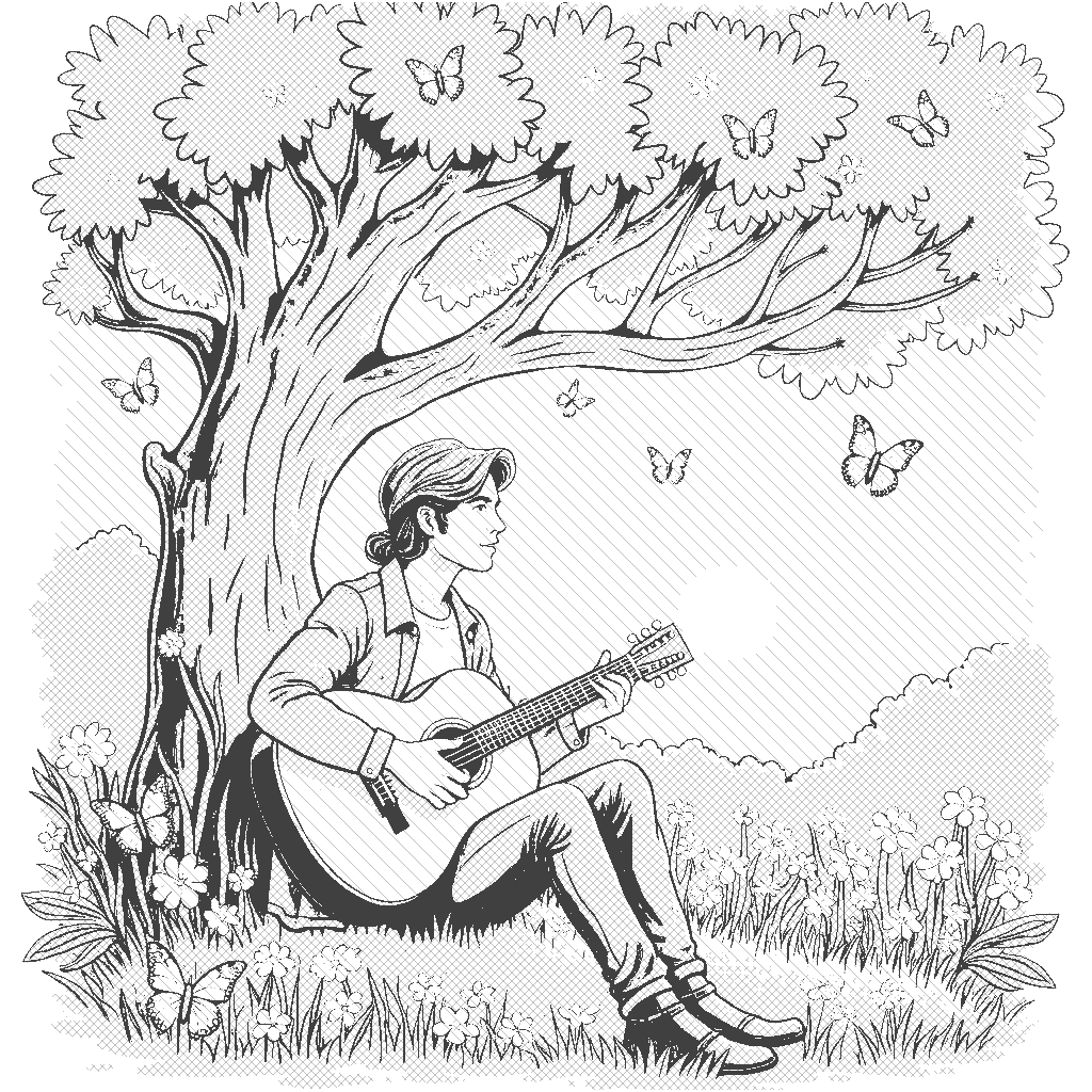 Coloring Page: Guitar Serenade - A musician strumming a beautiful acoustic guitar under a big oak tree, surrounded by flowers and butterflies. The sun is setting, casting a warm glow around them.