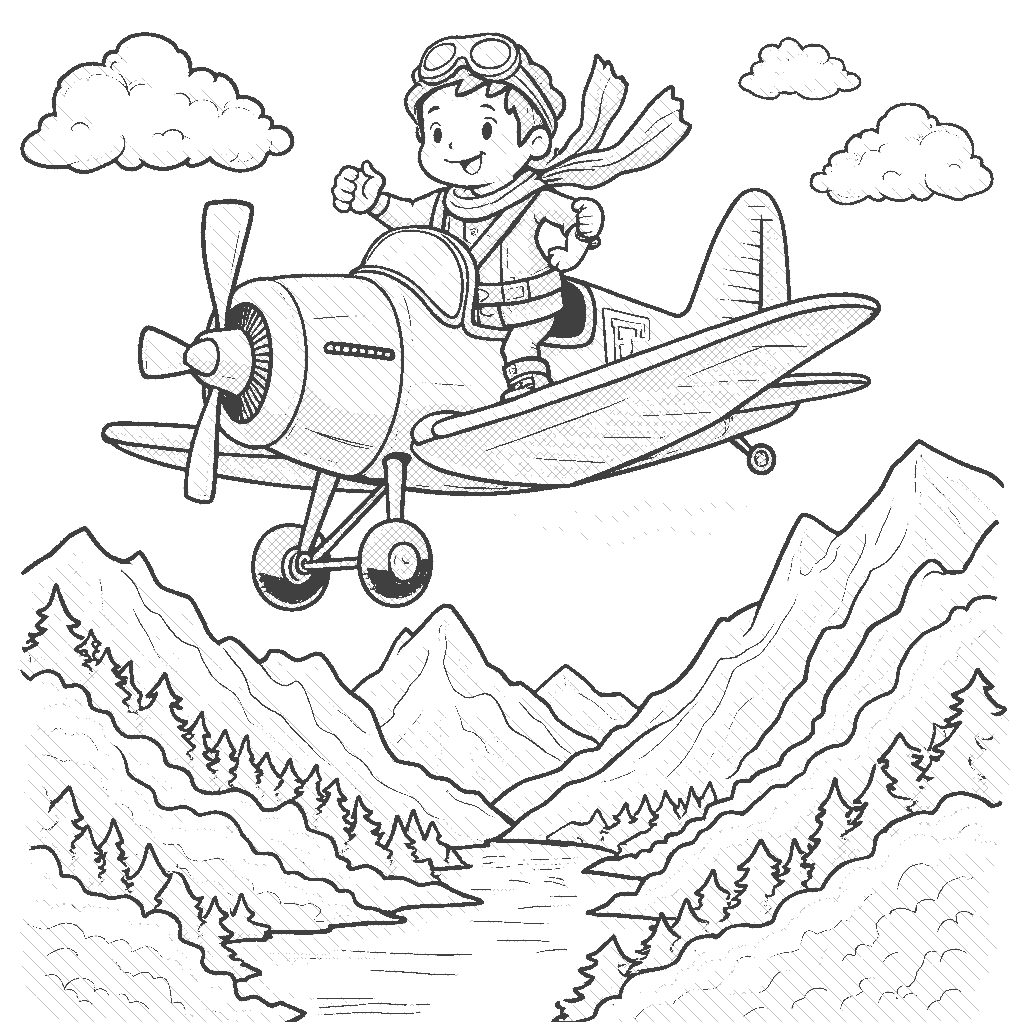 Coloring Page: Pilot in the Sky - Illustrate a brave pilot flying a colorful plane through fluffy clouds, wearing goggles and a scarf. Below, show a beautiful landscape with mountains, rivers, and forests.