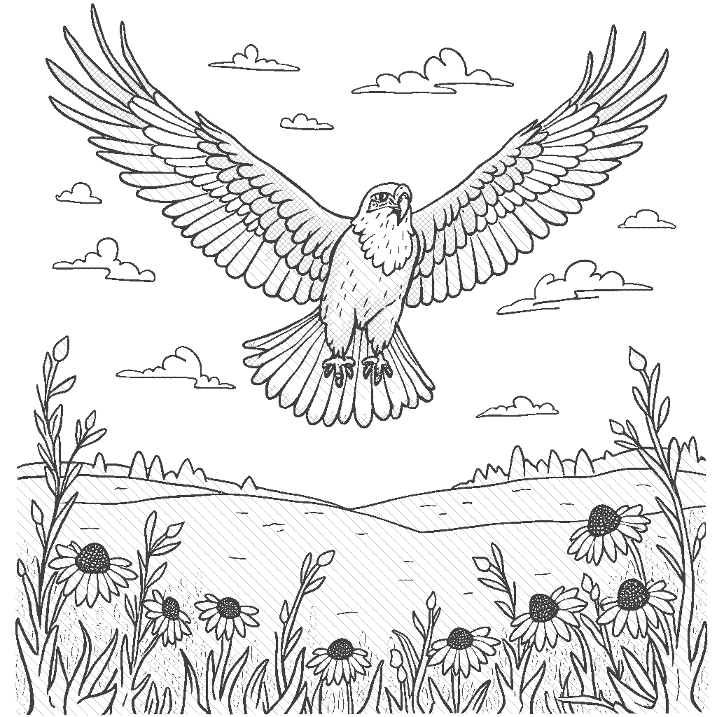 Coloring Page: Hawk in Flight - A soaring hawk gliding through a bright sky, above an open field with other birds and wildflowers dotting the landscape below.