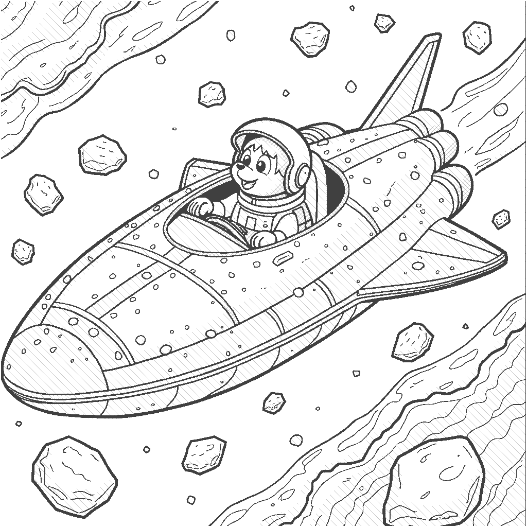 Coloring Page: Spaceship Adventure - A sleek spaceship navigates through a field of asteroids. Inside the cockpit, an astronaut is piloting the ship while a space dog looks out the window with excitement as they dodge the asteroids.