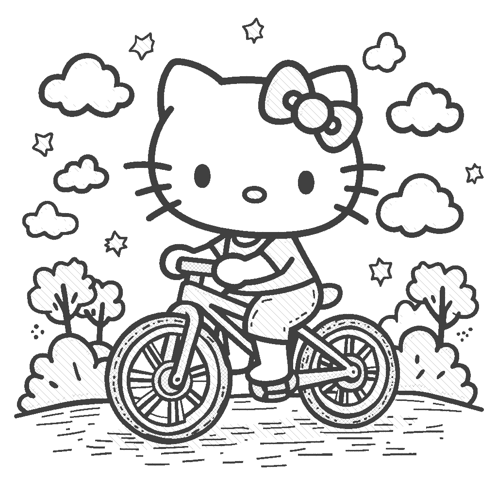 Coloring Page: Hello Kitty Cycling - Create a scene of Hello Kitty joyfully riding a pink bicycle along a sunny path, with blooming cherry blossom trees and fluffy white clouds in a clear blue sky.