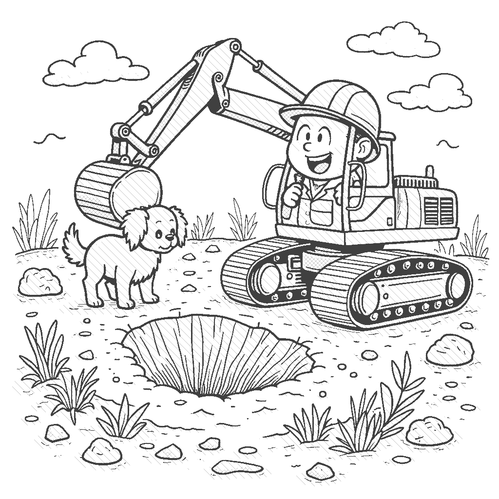 Coloring Page: Excavator Adventure - An excited excavator is digging a big hole in the ground, with a fluffy puppy watching curiously nearby.