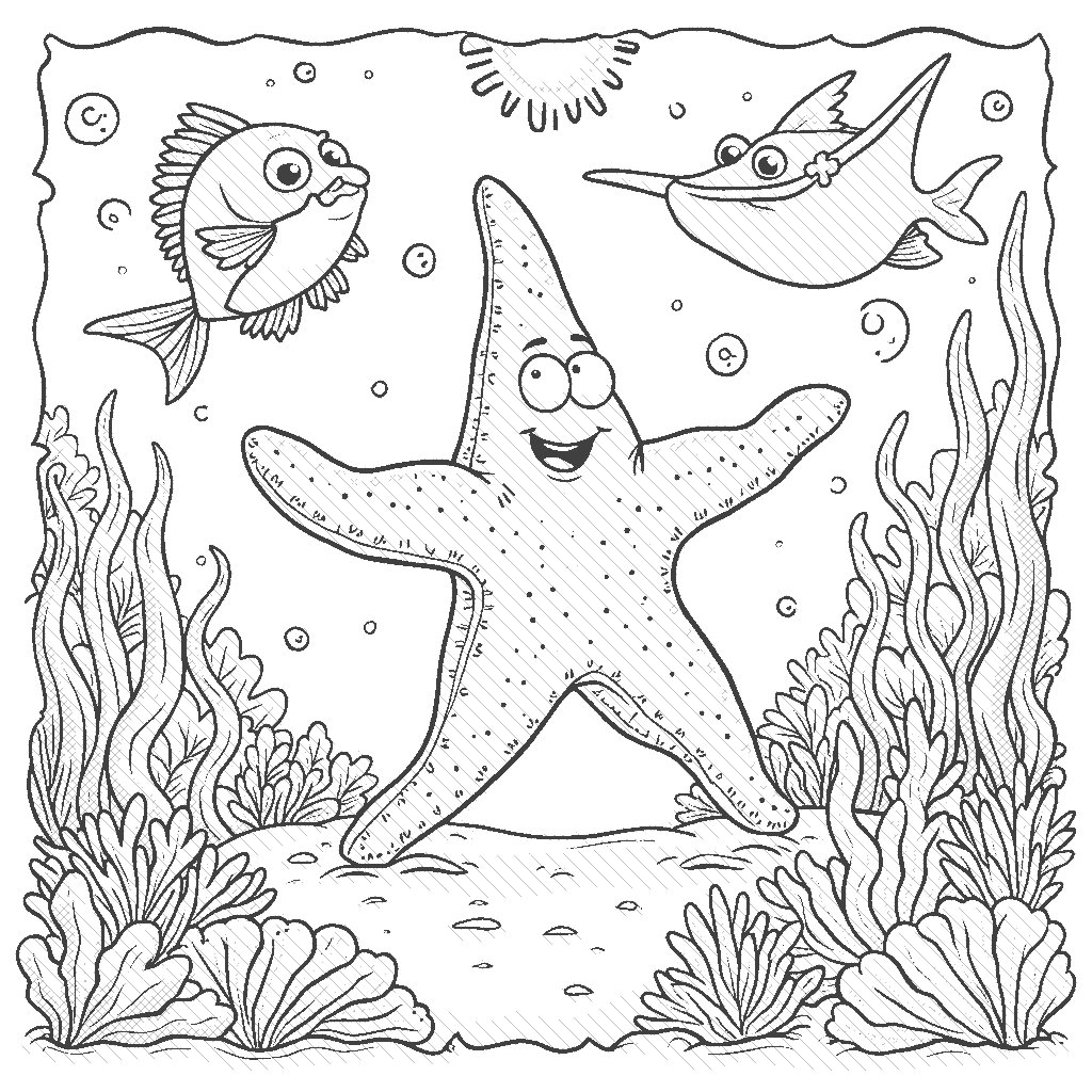 Coloring Page: The Starfish's Underwater Dance Party - A cheerful Starfish is hosting an underwater dance party. Colourful fish, a playful Manta Ray, and a curious Narwhal are all dancing joyfully around colorful coral reefs, with bubbles floating up and decorations made of seaweed. Everyone is having a blast!