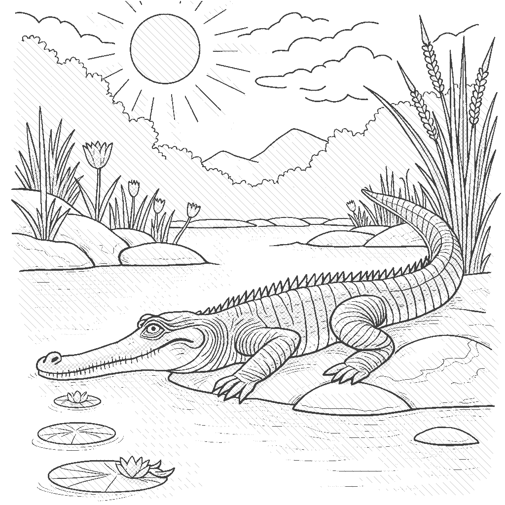 Coloring Page: Crocodile by the Riverbank - A crocodile basking in the sun on a rocky riverbank, partially submerged in water, with some reeds and lily pads around, capturing the stillness of the river environment.