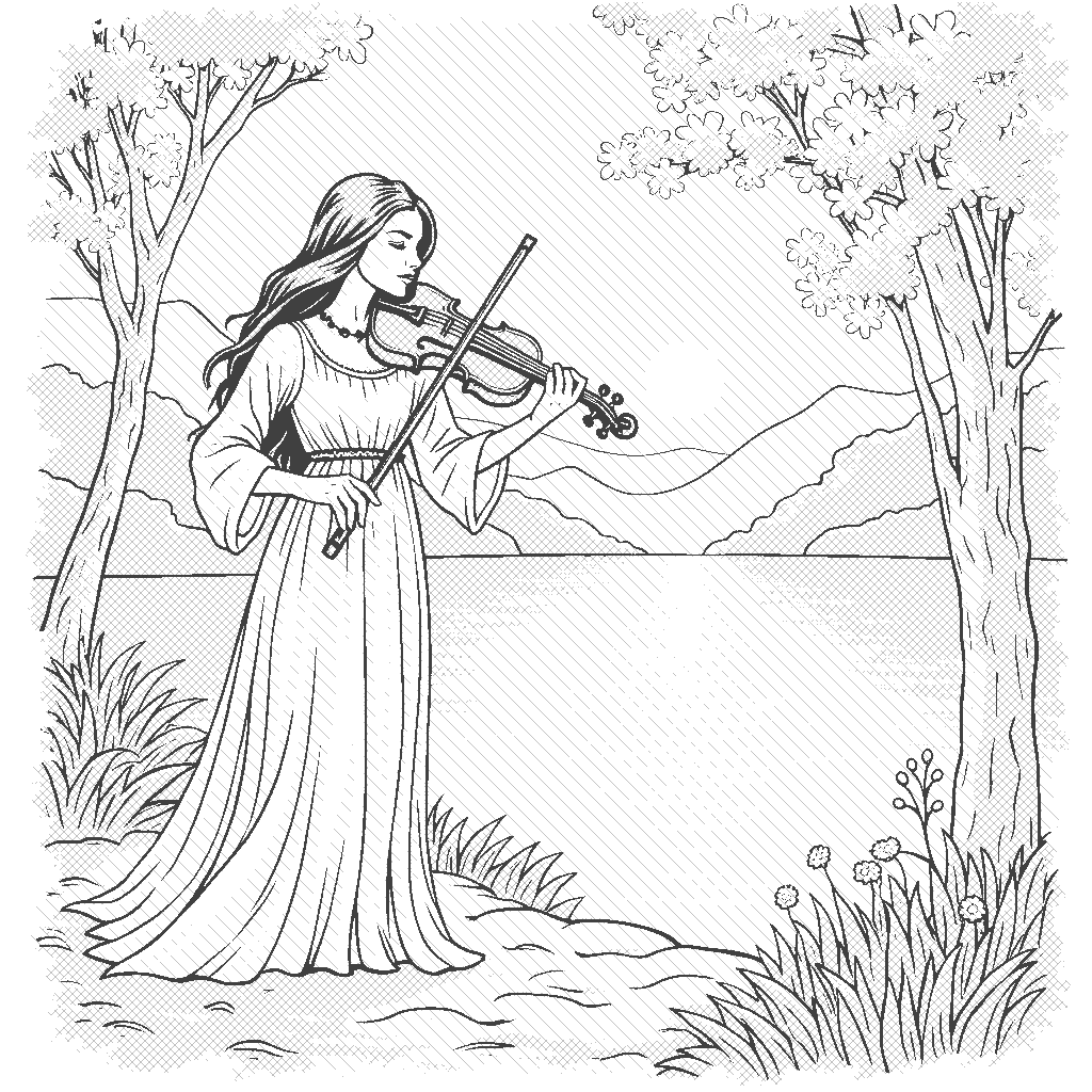 Coloring Page: Violinist by the River - A violinist playing a haunting melody by the riverside at sunrise. Gentle ripples in the water reflect the soft morning light, creating a peaceful atmosphere.