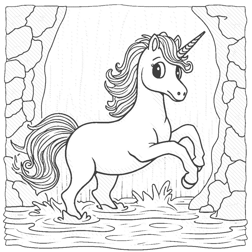 Coloring Page: Unicorn Splashing in a Waterfall - A playful unicorn splashing through the water at the base of a majestic waterfall, with rainbow mist rising around it.