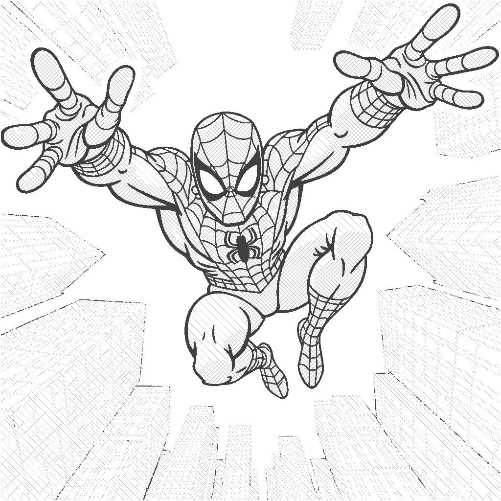 Coloring Page: Web-Slinger Adventure - A superhero swings between skyscrapers on a web, with a city skyline below. The superhero wears a colorful costume, showcasing their agility and speed.