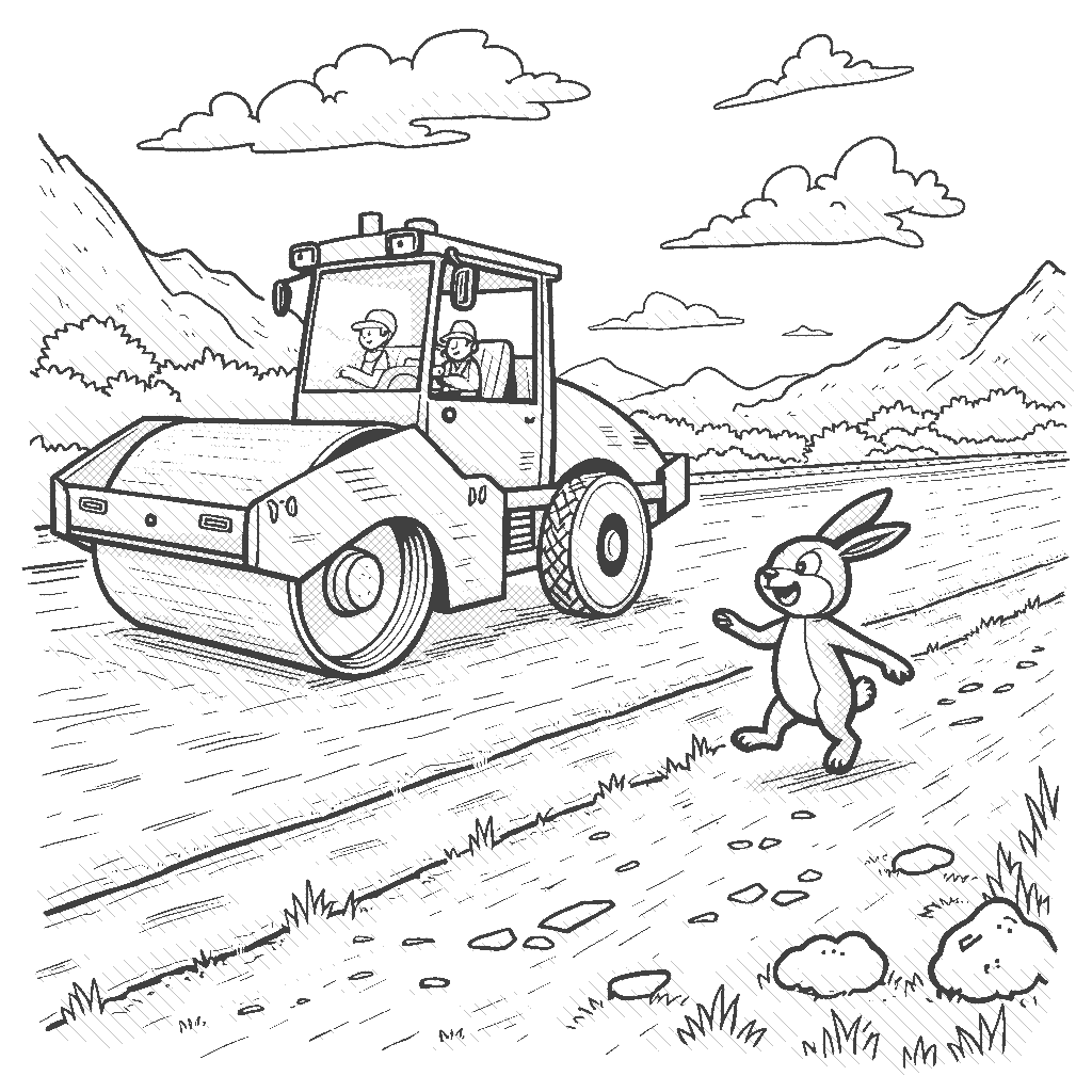 Coloring Page: Road Roller Rollout - A road roller is flattening asphalt on a newly built road. An energetic rabbit hops nearby, excitedly watching the roller smooth out the surface for the cars that will soon drive over it.