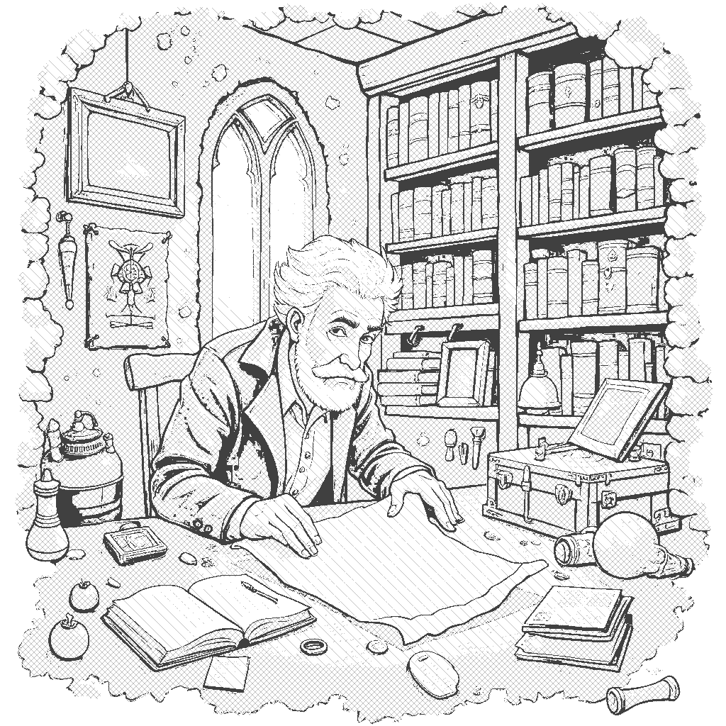 Coloring Page: Historian's Adventure - A curious historian surrounded by ancient artifacts in a dusty old library, examining a mysterious map that leads to a hidden treasure.