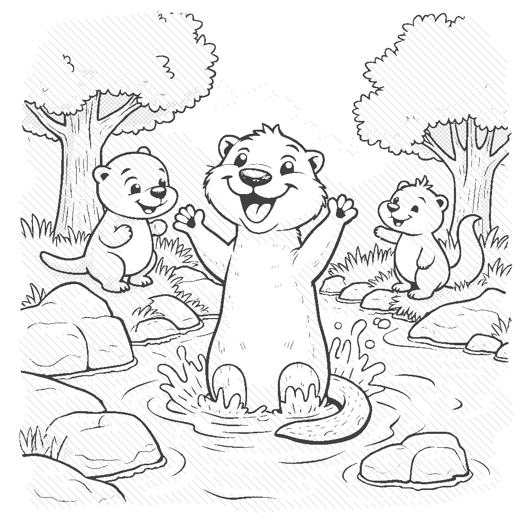 Coloring Page: Otter's Splashing Fun - A playful scene where an otter is joyfully splashing in a river, surrounded by rocks and trees, while other animals watch and smile at the fun.