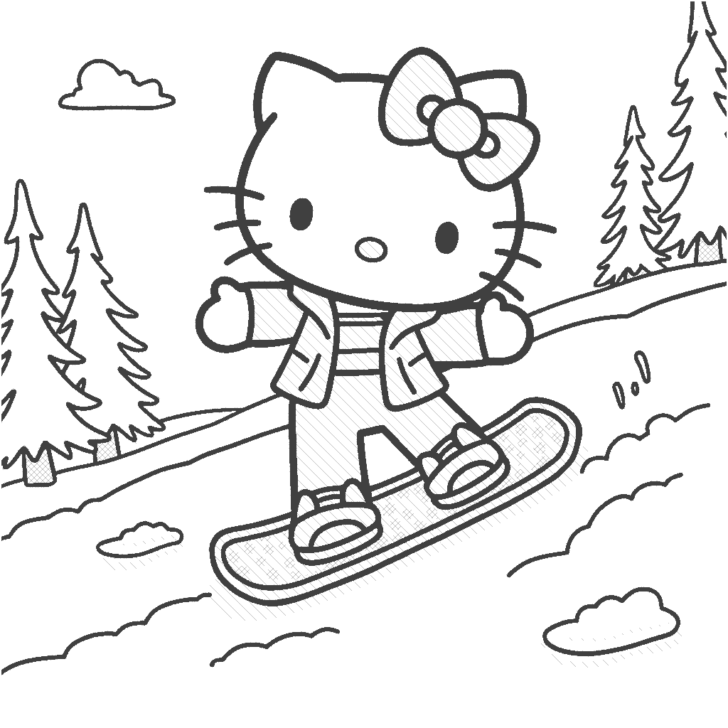 Coloring Page: Hello Kitty Snowboarding - Depict Hello Kitty snowboarding down a snowy hill, wearing a bright winter jacket and colorful goggles, with trees and snowflakes surrounding her.