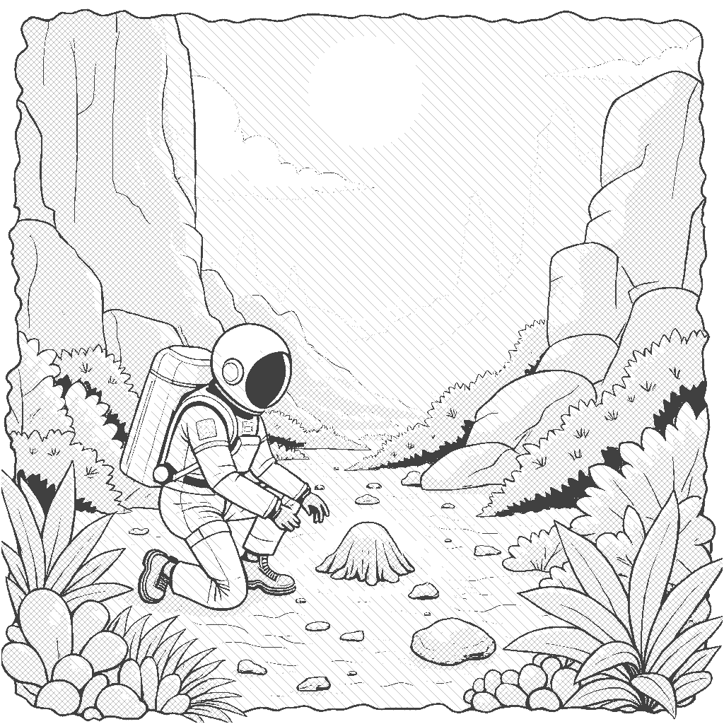 Coloring Page: Astronaut on a New Planet - An astronaut explores the surface of a vibrant new planet, surrounded by colorful alien plants and strange rock formations. The astronaut kneels to examine an unusual glowing stone.