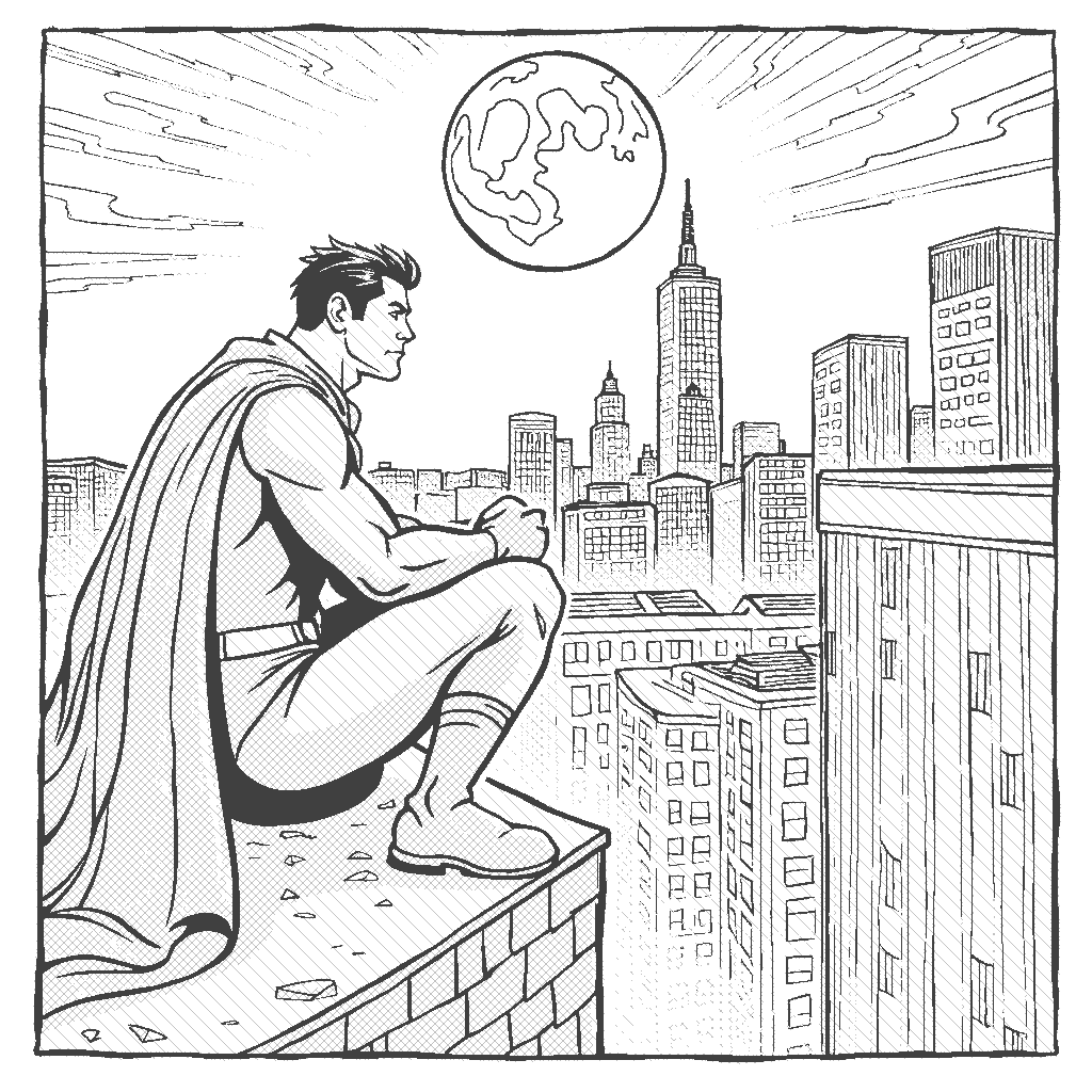 Coloring Page: City Night Watch - A superhero perched on a rooftop overlooking the city skyline at night, ready to spring into action. The superhero wears a cape and has a serious expression, surrounded by tall buildings and a bright full moon.