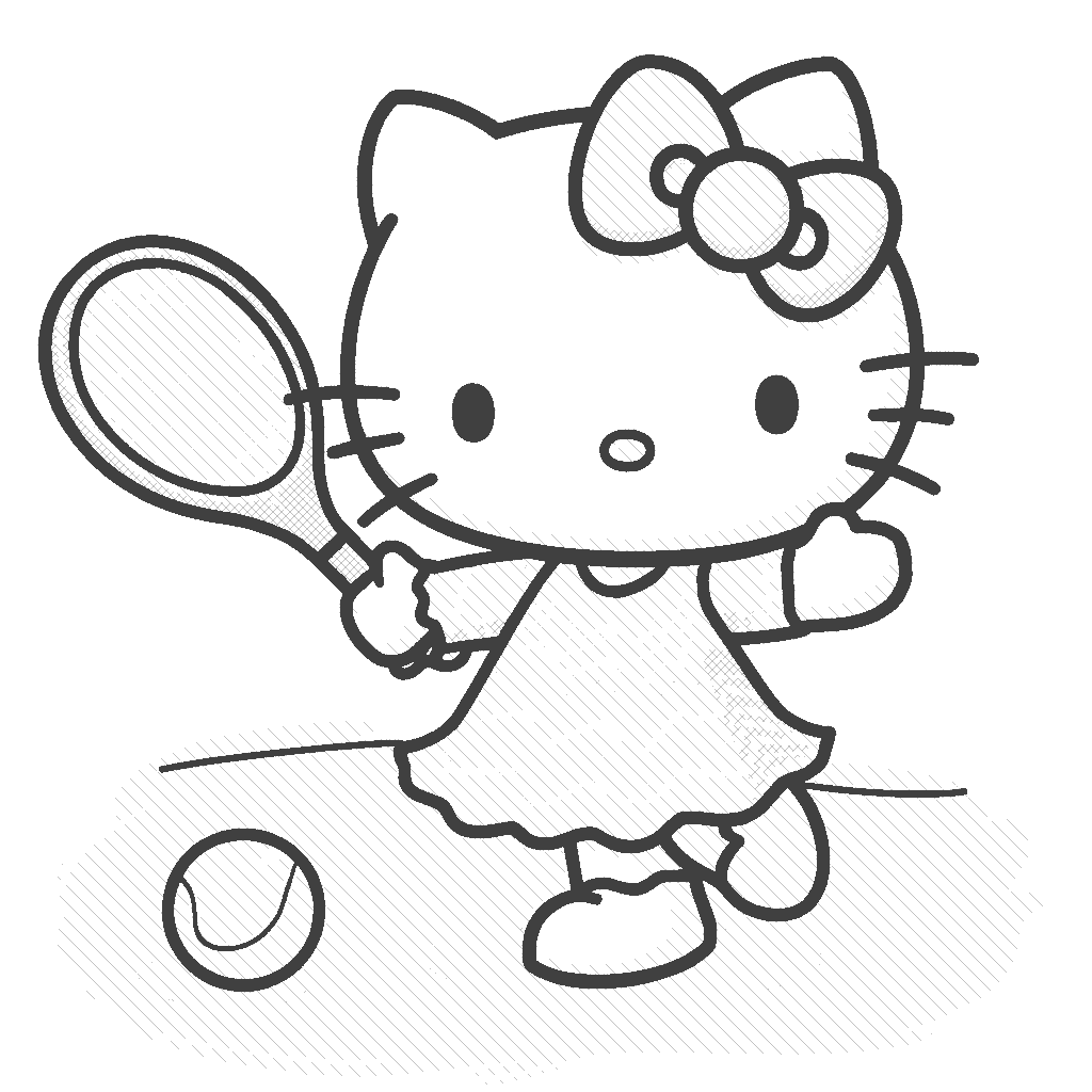 Coloring Page: Hello Kitty Playing Tennis - Show Hello Kitty playing tennis on a lively court, dressed in a cute white tennis outfit, hitting a bright yellow tennis ball with a pink racket, under a sunny sky.