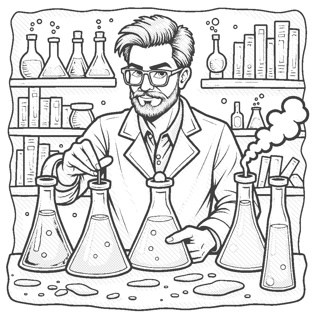 Coloring Page: The Chemist's Lab - A chemist is mixing colorful liquids in beakers on a lab table, with bubbling reactions and smoke coming out. The background features shelves filled with various scientific instruments and books.