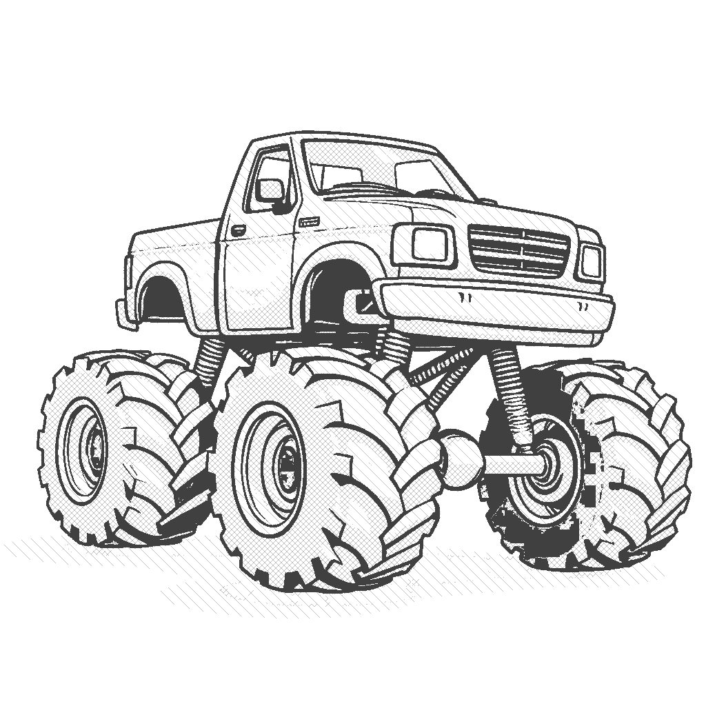 Coloring Page: Monster Truck Rally - A huge monster truck with bright blue paint and flame decals ramping over a pile of colorful tires under a sunny sky.