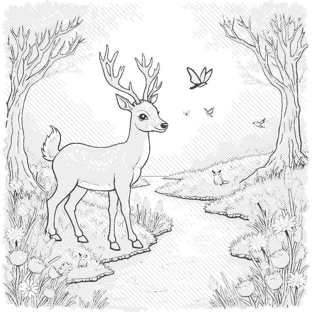 Coloring Page: Deer in the Forest - A graceful deer standing by a sparkling stream in a vibrant forest, surrounded by flowers and butterflies, with birds chirping happily in the background.