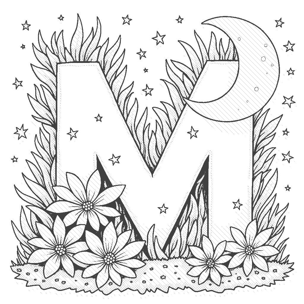 Coloring Page: M is for Moon - A glowing moon hanging in the night sky next to the letter M, with a few twinkling stars scattered around.