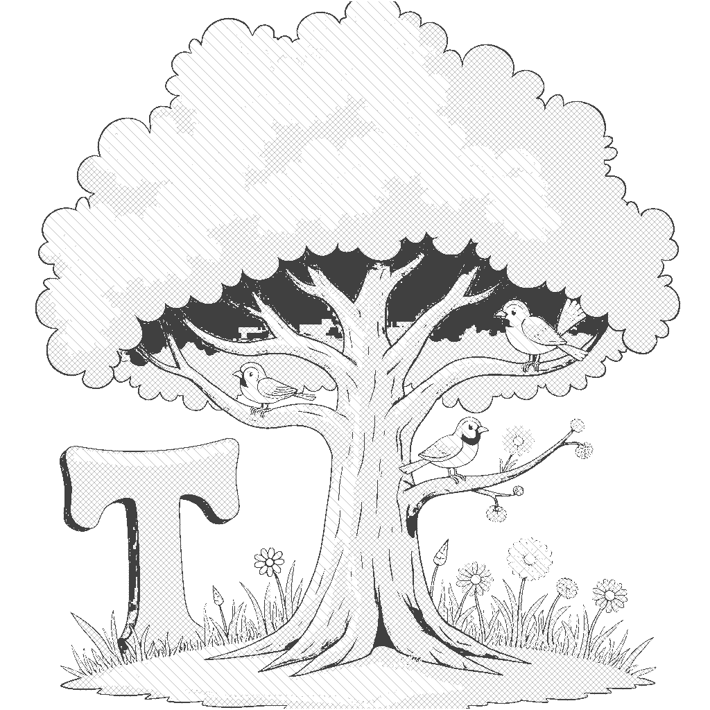 Coloring Page: T is for Tree - A large, leafy tree with a sturdy trunk next to the letter T, with birds perched on its branches.