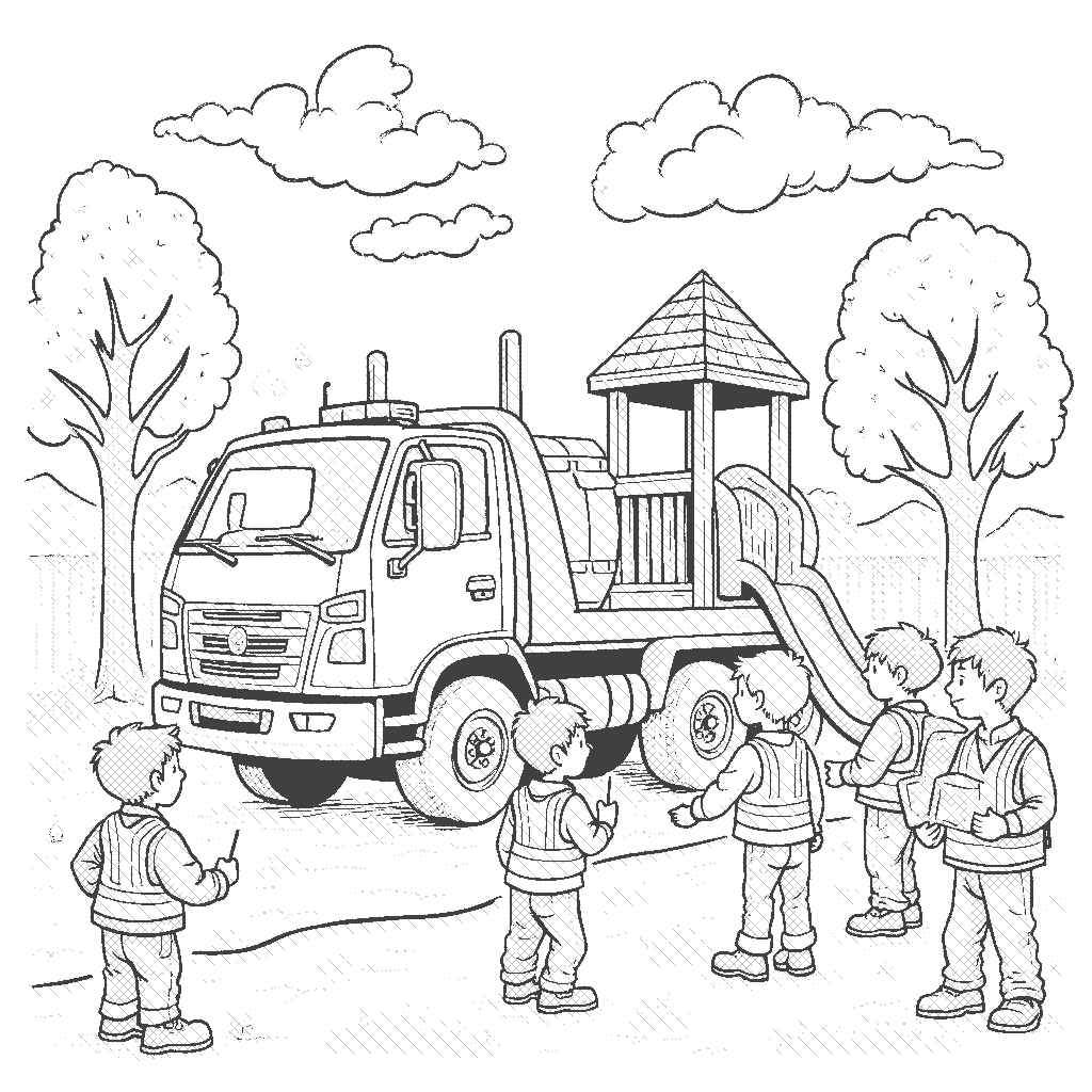 Coloring Page: The Busy Maintenance Vehicle - A maintenance vehicle is repairing a park's playground while children watch and play nearby, showcasing teamwork and effort.