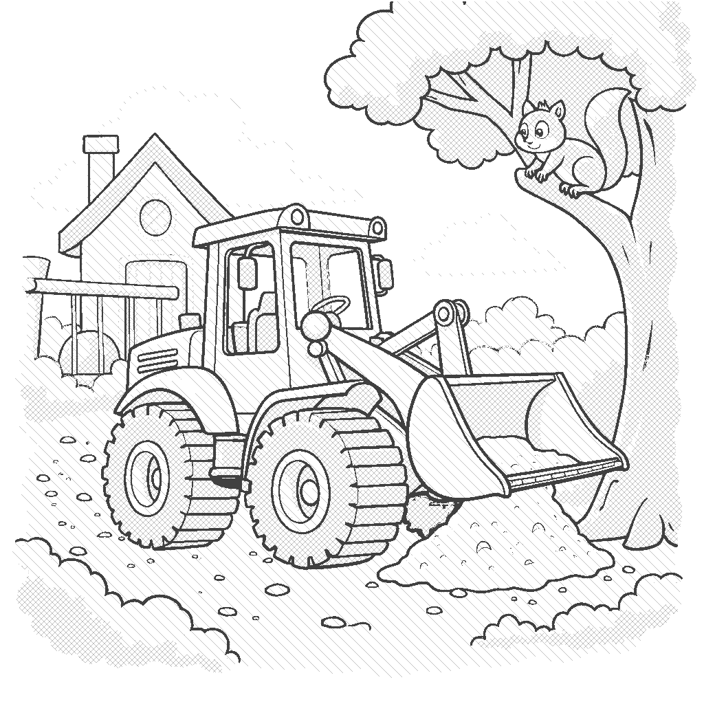 Coloring Page: Loader and the Playground - A bright yellow loader is moving sand to build a playground, with a curious squirrel observing the construction work from a nearby tree.