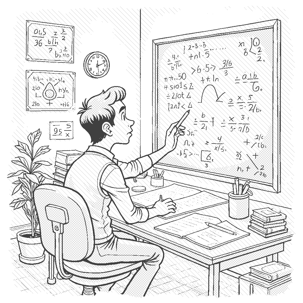 Coloring Page: The Mathematician's Puzzle - A mathematician is sitting at a desk covered with papers filled with equations and geometric shapes, while holding a pencil and contemplating a large chalkboard filled with math problems.