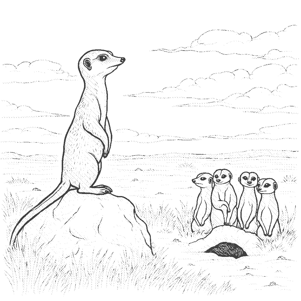 Coloring Page: Mongoose Adventures - A mongoose is standing on a rock, looking out over a savanna while a group of meerkats peers curiously from a nearby burrow.