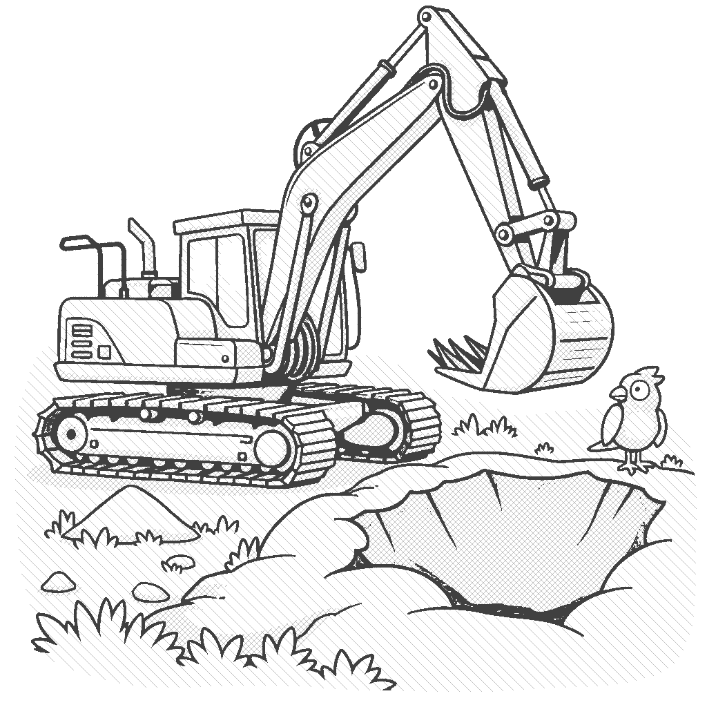 Coloring Page: Excavator Adventure - An excavator is digging a big hole in the ground, with a pile of dirt beside it. There’s a friendly bird perched on the edge of the hole, watching the work.