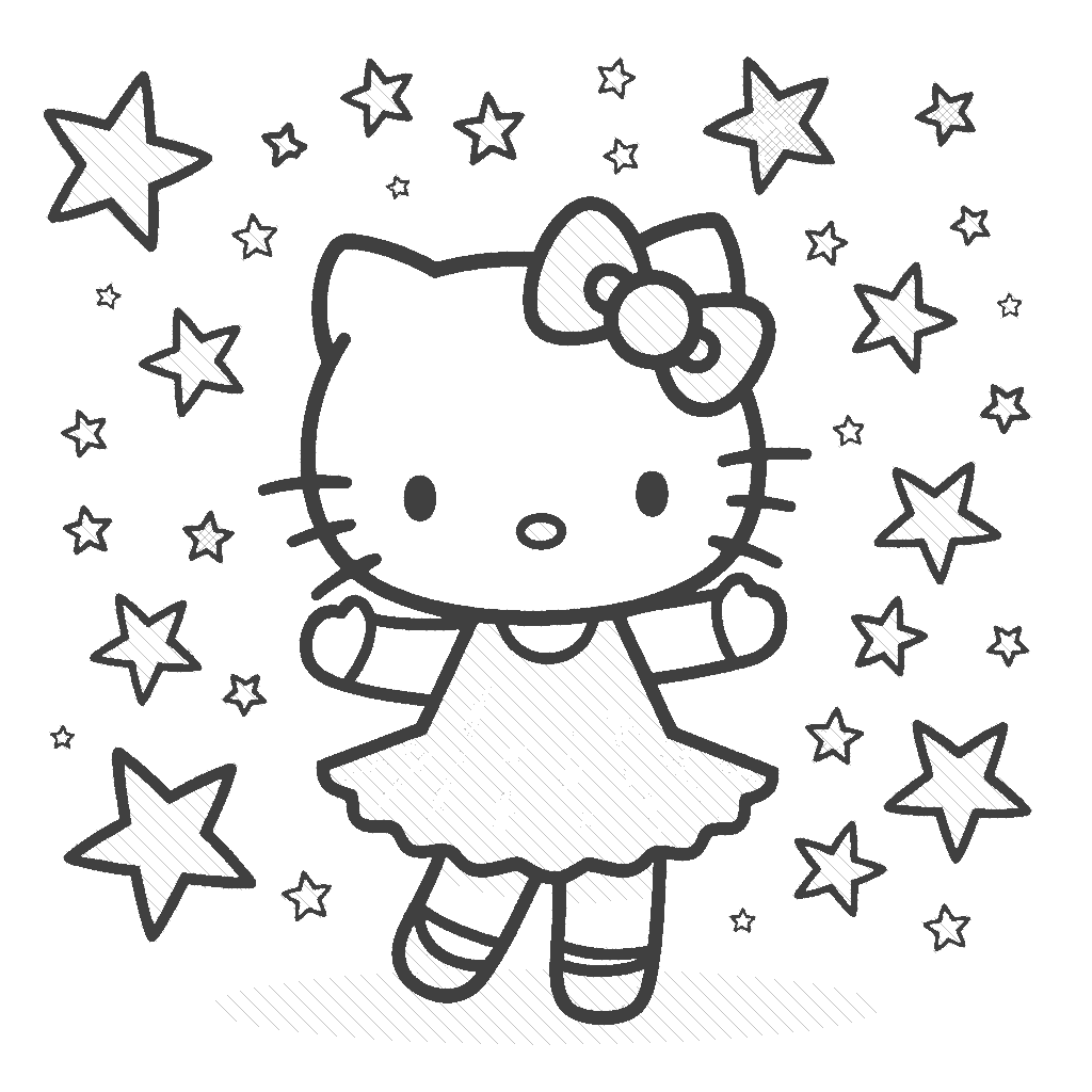 Coloring Page: Hello Kitty Dancing - Show Hello Kitty practicing ballet in a bright, sunlit studio, with colorful streamers hanging down, and a bouquet of flowers on the floor.