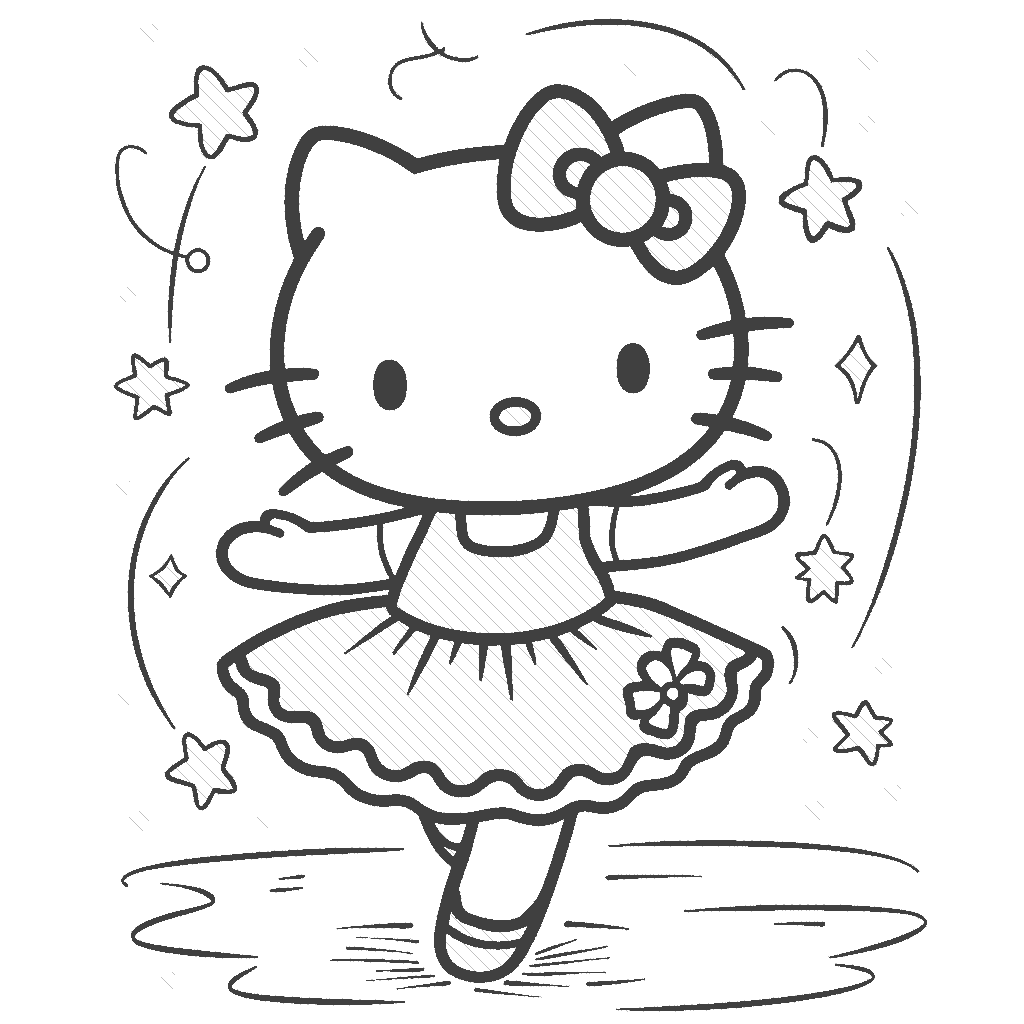Coloring Page: Hello Kitty Dancing - Show Hello Kitty practicing ballet in a bright, sunlit studio, with colorful streamers hanging down, and a bouquet of flowers on the floor.