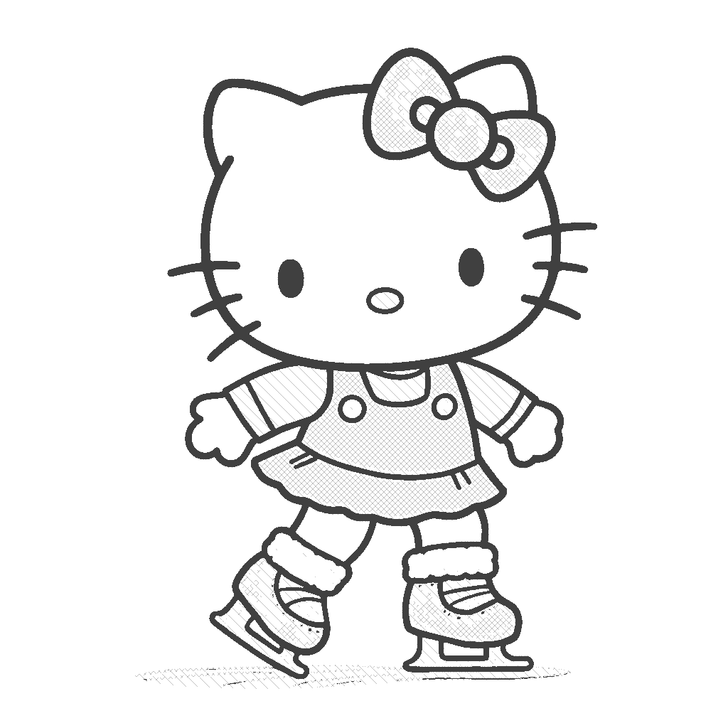 Coloring Page: Hello Kitty Figure Skating - Illustrate Hello Kitty gracefully figure skating on a shimmering ice rink, wearing a sparkling costume and a cozy scarf, with swirling snowflakes around her.