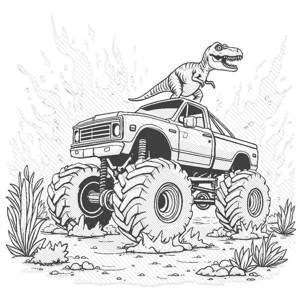 Coloring Page: Monster Truck vs. Dinosaurs - A green monster truck revving its engine in front of a friendly dinosaur in a lush green prehistoric jungle.